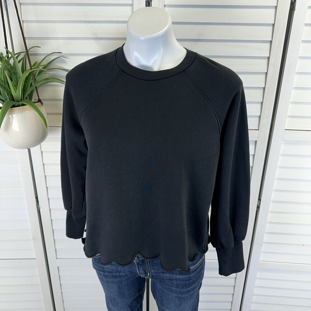 Frame Denim Black Scallop Hem Crew Neck Sweatshirt Long Sleeve Rib Cuffs Size S